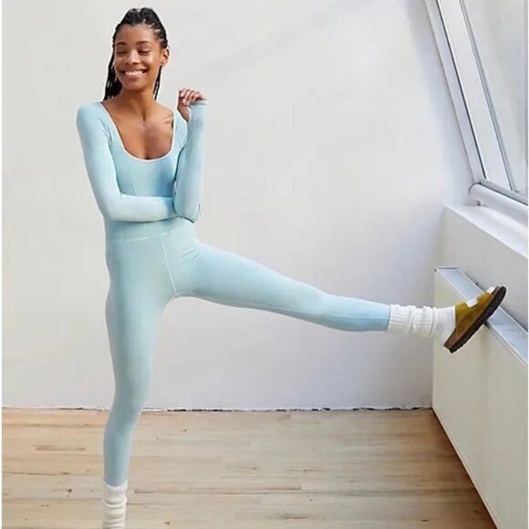 Free People FP Movement Good Karma Long Sleeve Jumpsuit Blue Medium/Large - Picture 2 of 7